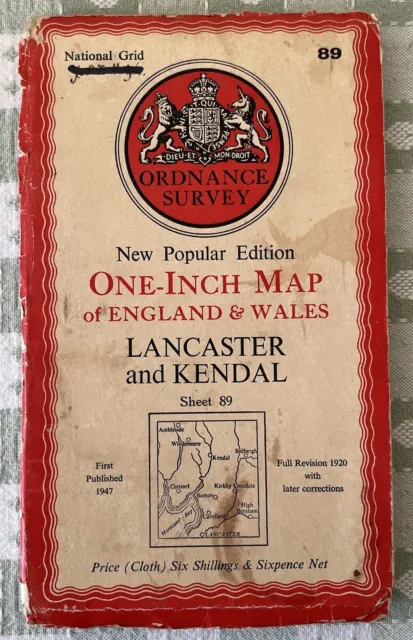 Vintage OS Ordnance Survey One Inch Map - Lancaster Kendal Sheet 89 c1947 Cloth