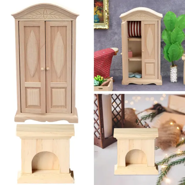 1/6 Doll House Fireplace Model +1/12 Dollhouse Miniature Wooden Wardrobe