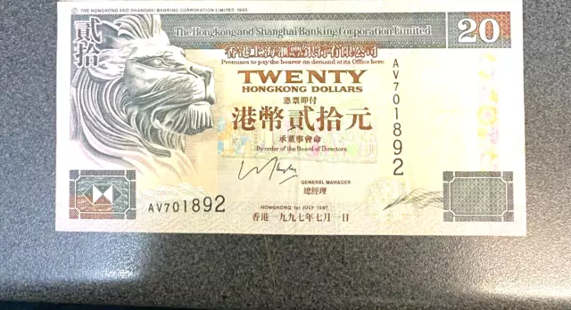 HONG KONG  1997 Twenty 20 DOLLARS,  HONG KONG SHANGHAI BANK UNC
