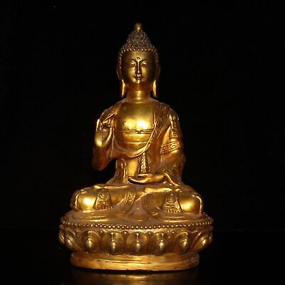 11" Exquisite Chinese old antique bronze gilt Lotus base Buddha statue