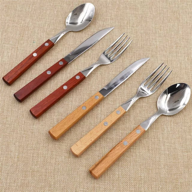 18Pcs Wooden Handle Kitchen Cutlery Flatware Tableware Western-style Food Set