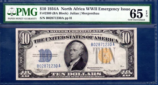 North Africa 10 Dollars Silver Certificate , 1934A, Gem UNC-PMG65EPQ, Fr#2309