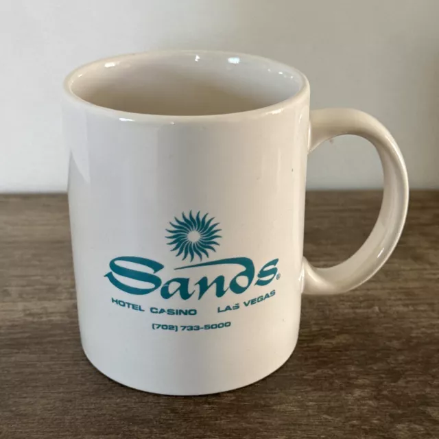 Vintage Historic Las Vegas Sands Hotel Casino White Blue Coffee Mug Cup Sun 12oz