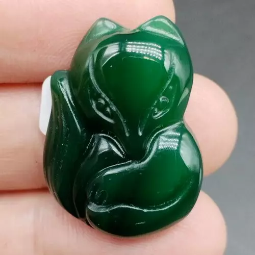 Certified Dark Green Natural Agate Chalcedony Carved Fox Lucky Pendant