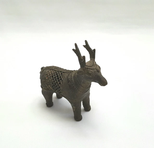 Vintage Indian cast bronze dhokra deer figurine using lost wax casting technique