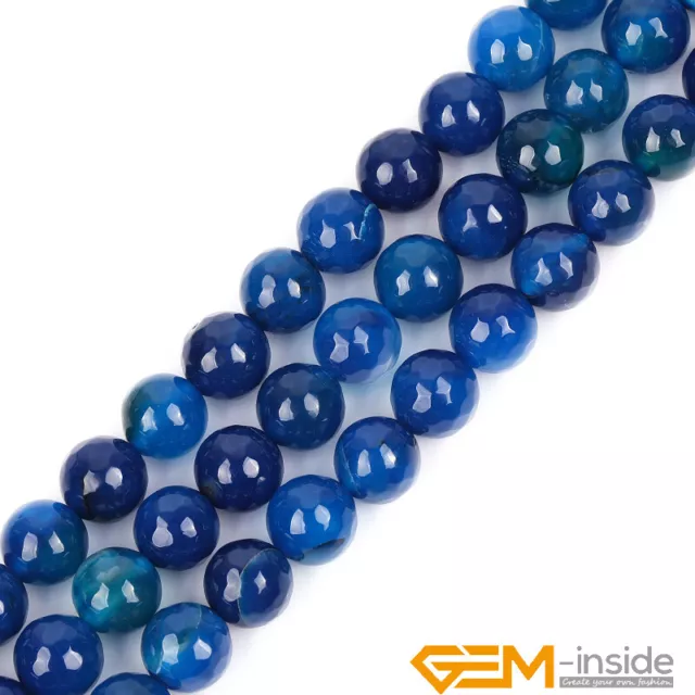 Natural Dark Blue Agate Gemstone Faceted Round Loose Spacer Beads Strand 15" YB