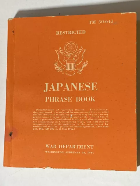 1944 World War II Japanese Phrase Book For US Military Softcover Translation