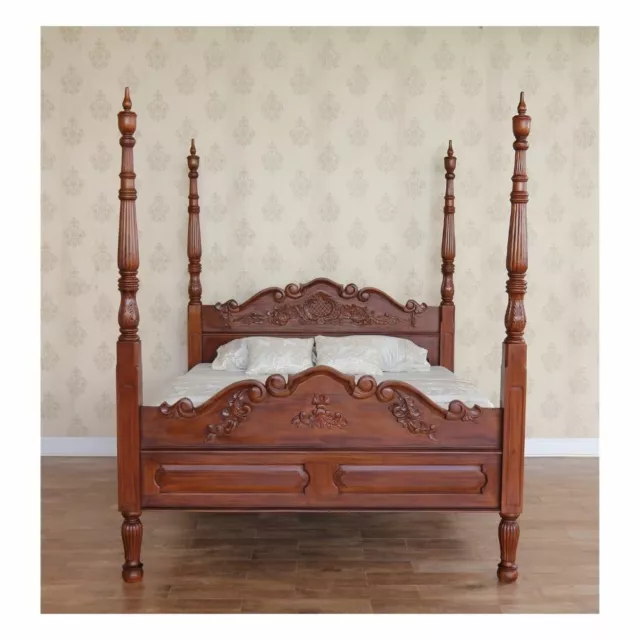 Solid Mahogany Colonial Four Poster Bed Frame With Intricate Carved Detail B025