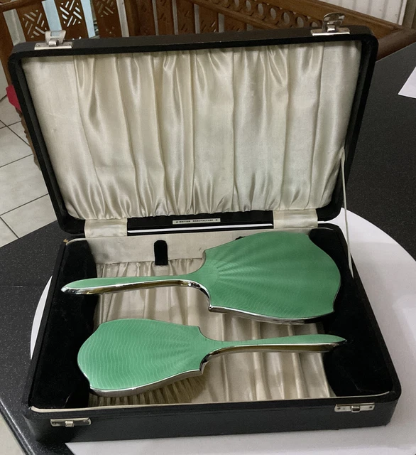 ART DECO VANITY Green Guilloche Enamel Hairbrush Clothes Brush Mirror