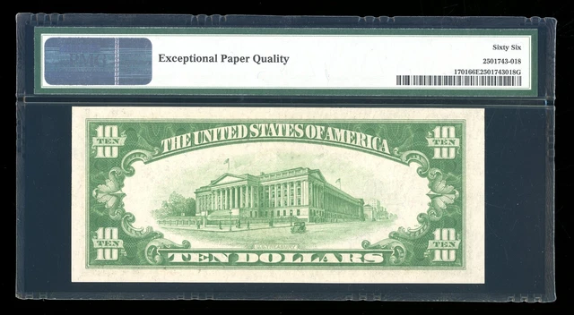 DBR 1934 $10 Silver Gem Fr. 1701 PMG 66 EPQ Serial A50229928A 2