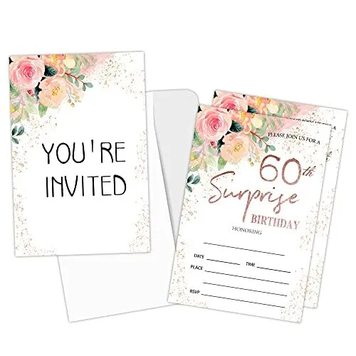 Surprise 60th Birthday Party Invitations Cards - 60 Years old Rose Floral Pin...