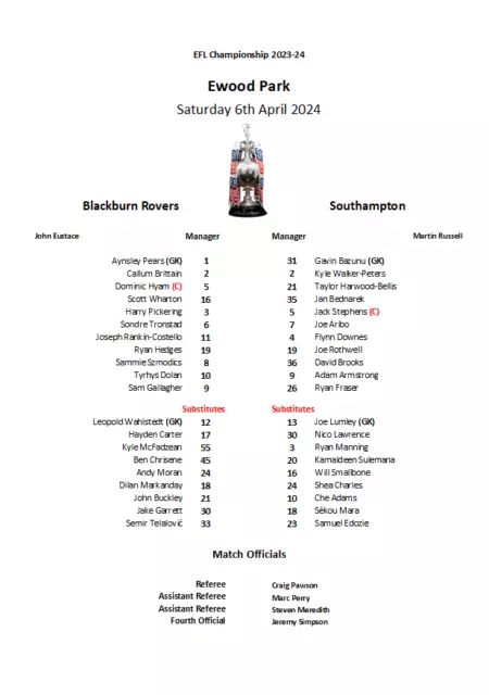 Blackburn Rovers v Southampton 06-04-24 Championship Unofficial Team Sheet