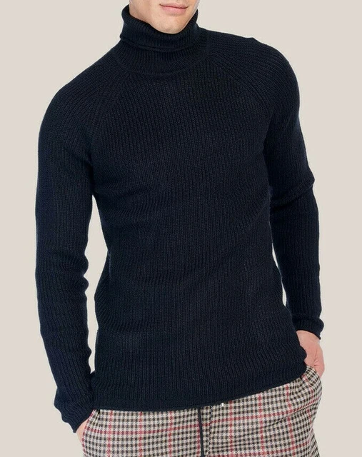 Maglione uomo slim fit maglioncino collo alto dolcevita vintage nero da XXL 2XL