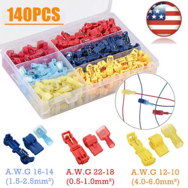 140Pcs 22-10 AWG Insulated T-Tap Quick Splice Combo Wire Terminal Connectors Kit