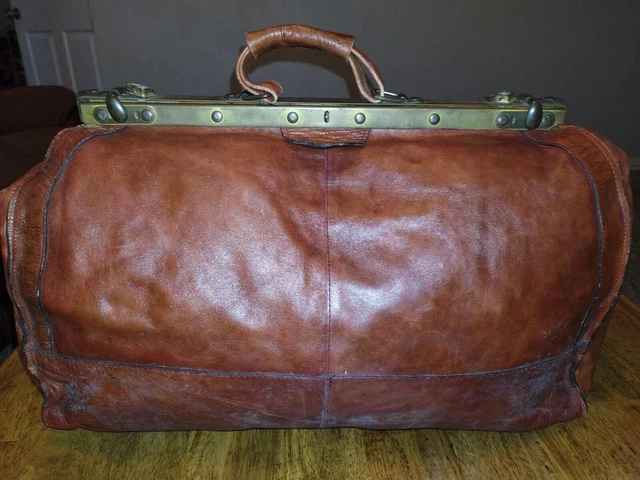 Antique Brown Leather Medical Doctor's House Call Bag Unique Brass Closure Large
