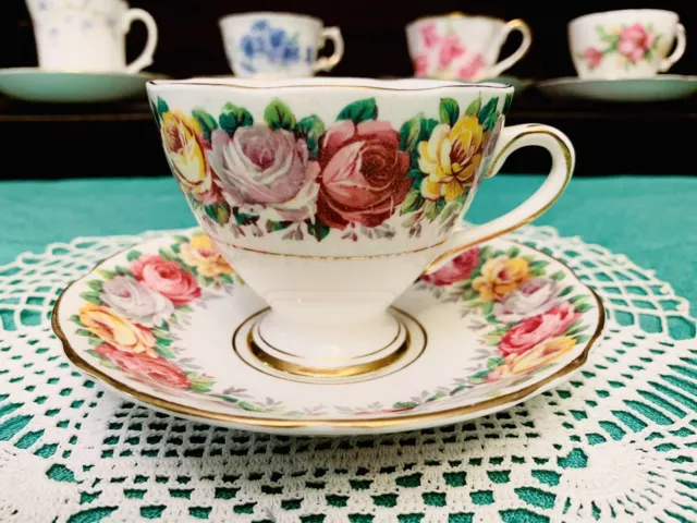 Gladstone Rosemary Bone China Tea Cups & Saucers Rose Rim Made in England