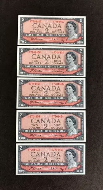 Lot 5 Banknote Bank Of Canada 1974 $2 Two Dollars Consecutive Unc