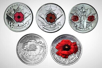 Canada Remembrance 5 Coin BU UNC Poppy Set, 2004P, 2008, 2010 and 2015.