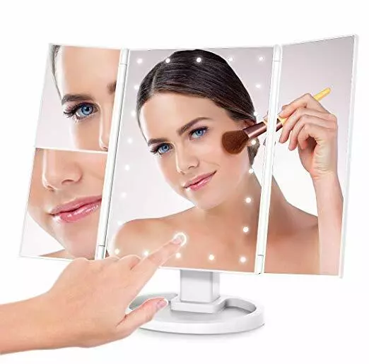 Tri Fold Makeup Mirror With Dimmable LED Lights, Magnifiers, USB Or Battery Pwr.