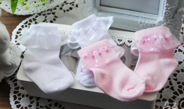 Baby Socken Söckchen Rüschen Rosa Weiß Taufe 50 56 62 68 74 80 80 86 92 98