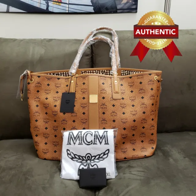 NEW Authentic MCM Medium Cognac Reversible Liz Shopper with pouch