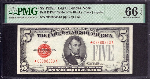 1928 F $5 Legal Tender Red Seal Star Note Fr.1531* Wide I Pmg Gem Unc 66 Epq