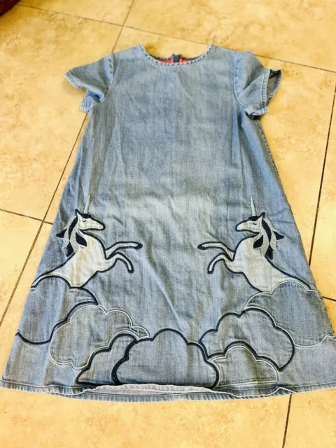 Mini Boden Blue Denim Unicorn Dress EUC Girls Size 9-10 Yrs