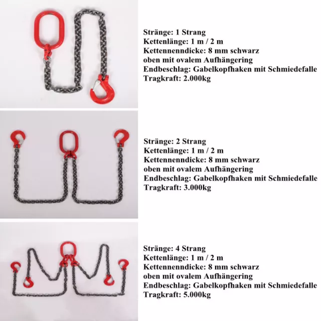 Anschlagkette Kettengehänge 1-4 Strang 2-5t 8mm Kette 1m 2m Krankette Hakenkette