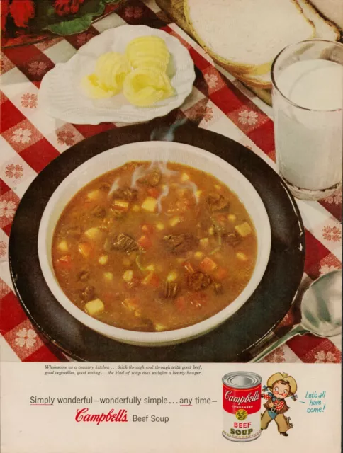 1954 Campbell's Soup Beef Kids Cowboy Vintage Print Ad Chicken Noodle Tomato USA