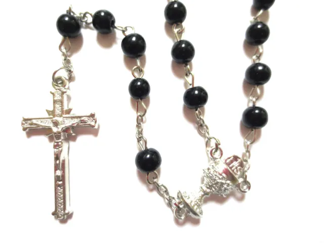 Rosary - black Glass prayer beads rosary  -  CATHOLIC Rosary Crucifix Necklace