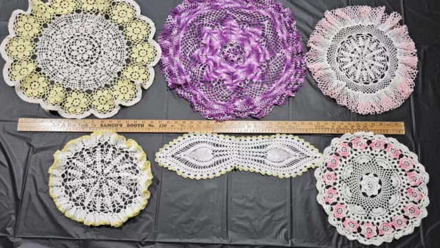 Vintage Hand Crocheted DOILY Lot of 6 Doilies Pink Purple Yellow Lace