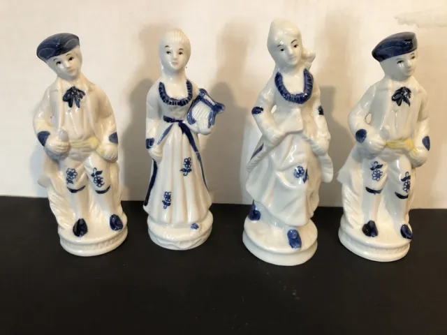 Vintage Set of 4 Blue & White Victorian Colonial Porcelain Figurines