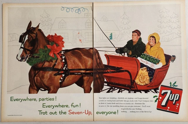 1960 Print Ad 7UP Soda Pop Couple in Horse Drawn Sleigh with Seven Up Bottles