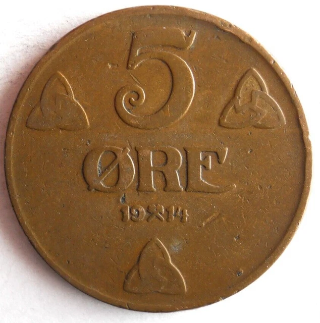 1914 NORWAY 5 ORE - Excellent Early Date Coin - FREE SHIP - Bin #165