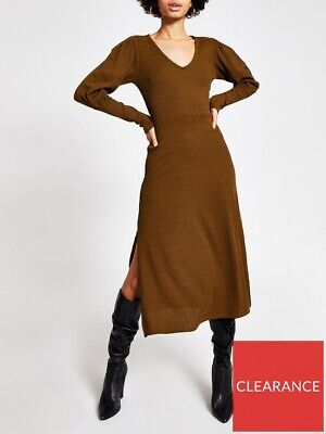River Island Ladies Puff Sleeve Jersey Midi Dress Khaki Size 10 Bnwt Rrp £36