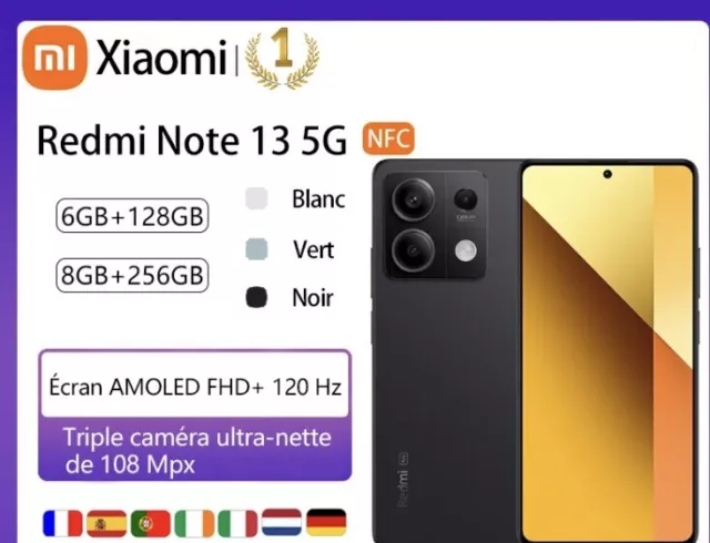 Téléphone Xiaomi Redmi Note 13 5G App Photo 108MP 128GB Ram 6GB