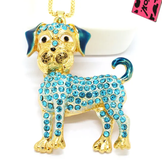 Fashion Women Blue Rhinestone Cute Dog Crystal Pendant Chain Necklace