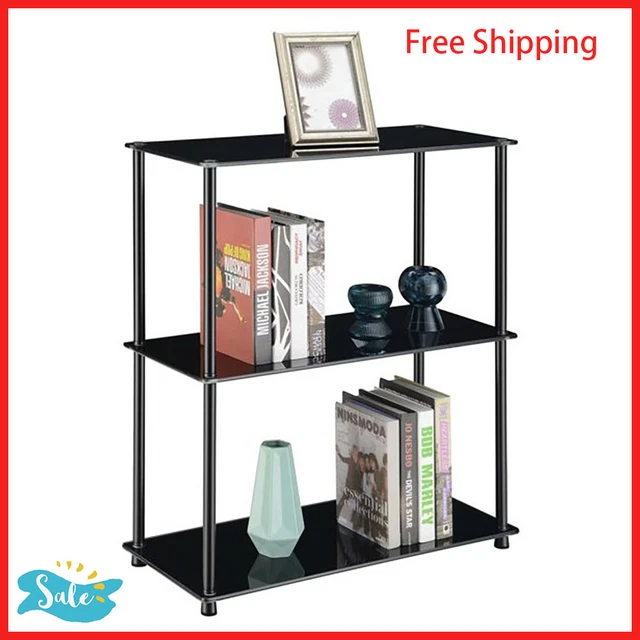Designs2Go Classic Glass 3 Shelf Bookcase, Tempered Glass, Stainless Steel Poles