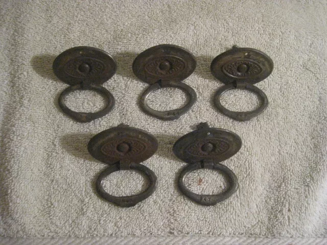 Lot of 5 Vintage Ornate Antique Brass Drawer Pulls Swing Handle