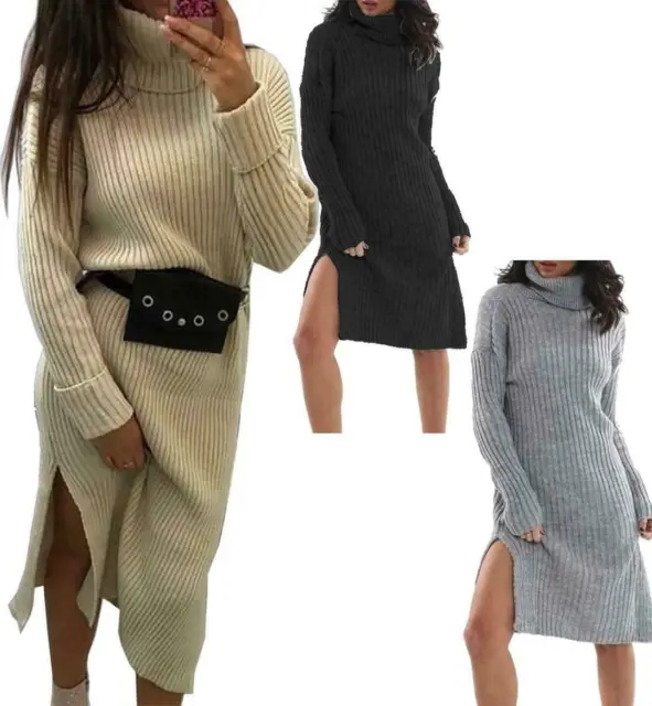 Women's Ladies Chunky Knitted High Polo Roll Neck Side Slit Jumper Midi Dress