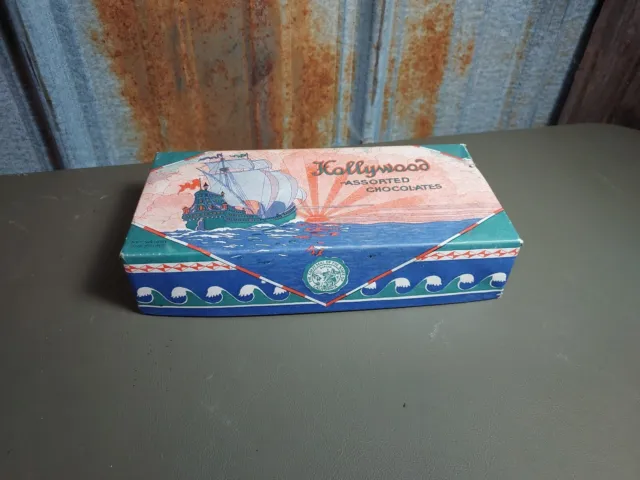 Old HOLLYWOOD Chocolates Box Advertising Old Storage Art Ship USA