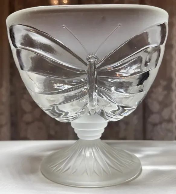 Beautiful Frosted Glass Butterfly Dish Vase with Pedestal