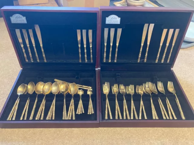 Vintage Bronze Bamboo Cutlery Set and Two George Butler Canteen Boxes