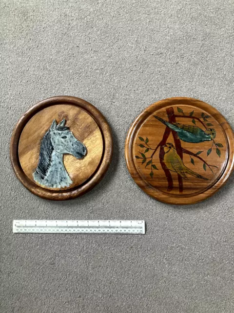 Pair Of Lovely Wooden Circular Wall Plaques Carved  Horse &  Signed Budgerigars
