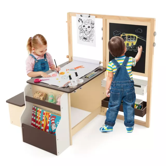 Kids Art Easel & Table & Bench Set Wooden Art Center w/ Double-Sided Blackboard