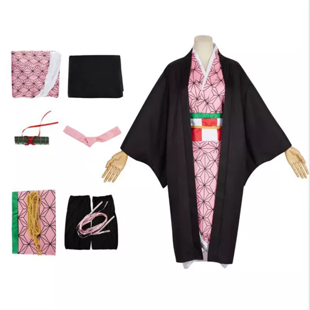 Women Girls Demon Slayer Kamado Nezuko Cosplay Costume Kimono Dress Outfit Set