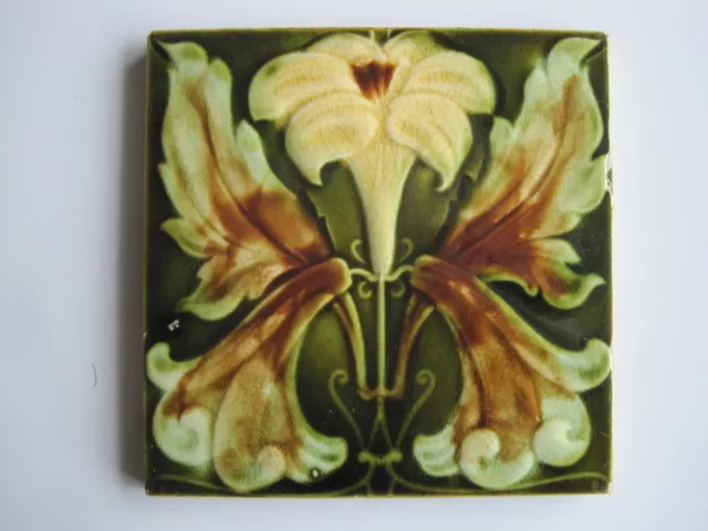 Antique 6" Art Nouveau Moulded Majolica Floral Tile - Corn Bros -  C1898 - 1904