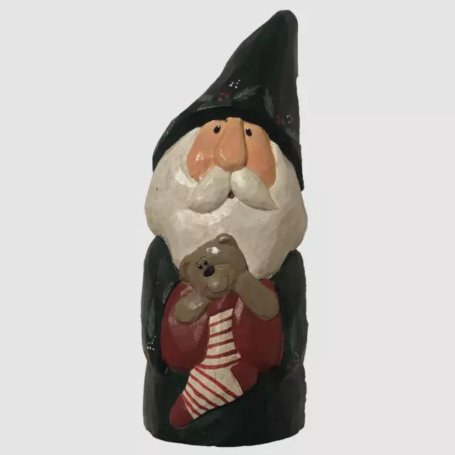 EDDIE WALKER Carved Folk Art Santa With Stocking Filled With Teddy Bear Figurine