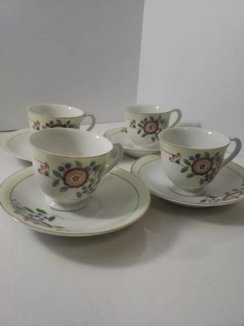 Occupied Japan Demitasse Tea Cups & Saucers Anzen China Set Of 4 Flotal