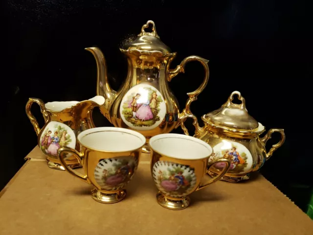 Vintage Bavaria Germany Gold Fragonard Demitasse Coffee/Tea Set 9 Pieces